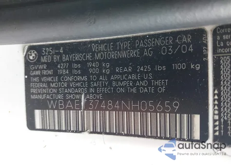 2004 BMW 325I from USA, damaged, VIN WBAET37484NH05659